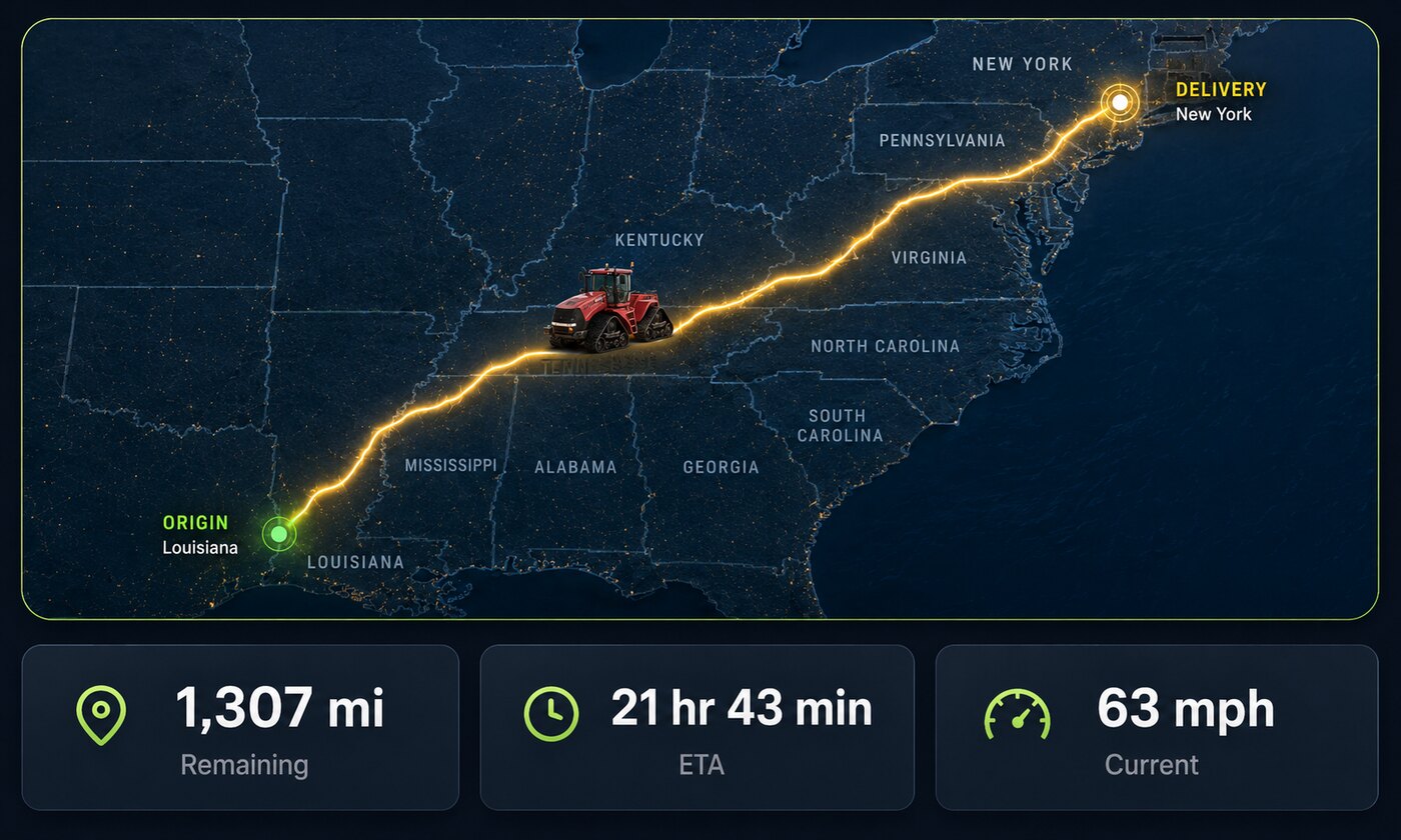 Live GPS tracking map of a Case IH tractor in transit from Louisiana to New York